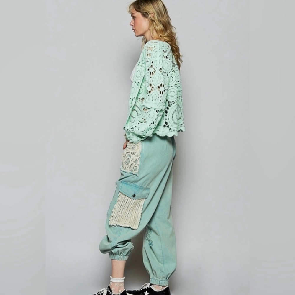 POL Mint Green Distressed Crochet Patch Jeans - Picture 5 of 5